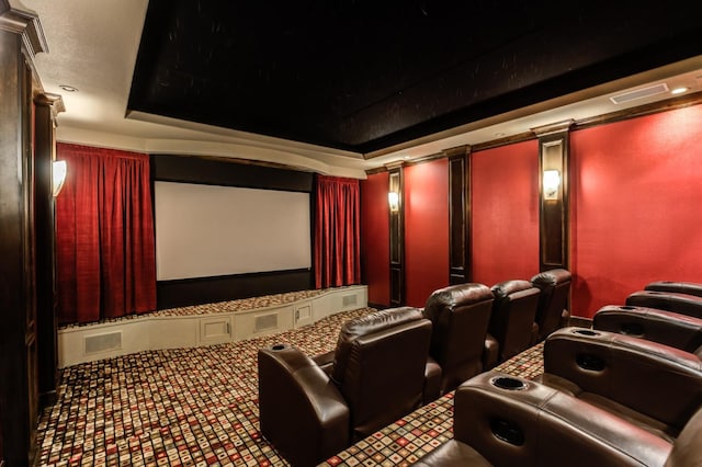 carpeted cinema featuring a tray ceiling