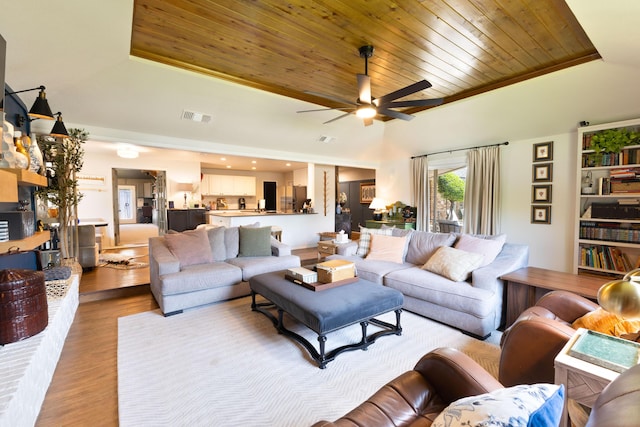 6109 Elkhart Ave, Lubbock, TX 79424 - living area featuring wood ceiling, light wood finished floors, ceiling fan, and a tray ceiling