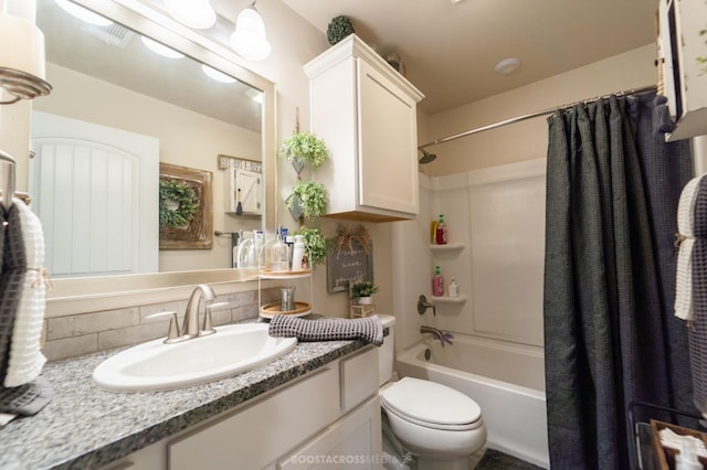 full bathroom with vanity, backsplash, shower / bath combination with curtain, and toilet