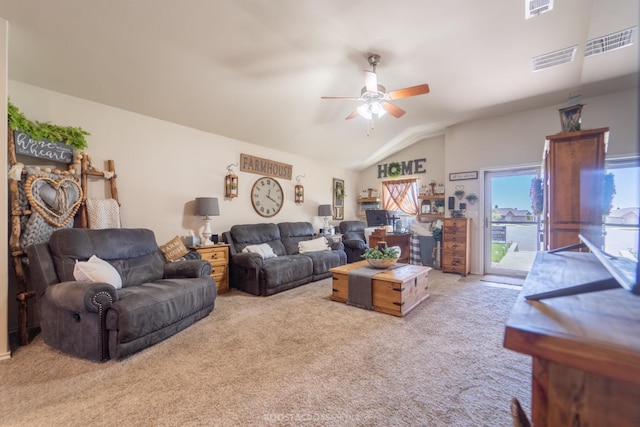 carpeted living room featuring vaulted ceiling and ceiling fan