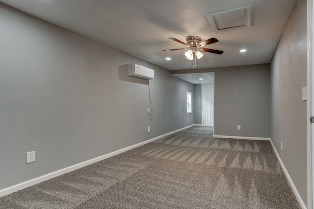 carpeted spare room featuring a wall mounted AC and ceiling fan