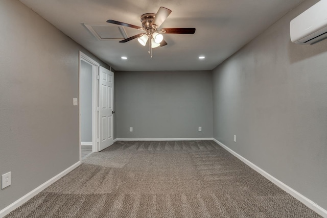 carpeted empty room featuring an AC wall unit and ceiling fan