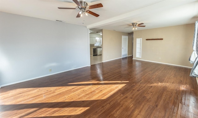 unfurnished living room featuring dark wood-type flooring and ceiling fan