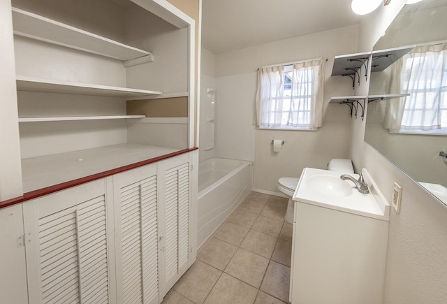 full bathroom with vanity, toilet, tub / shower combination, and tile patterned flooring