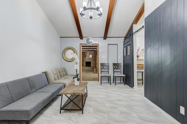 living room featuring a barn door, beamed ceiling, and wood walls