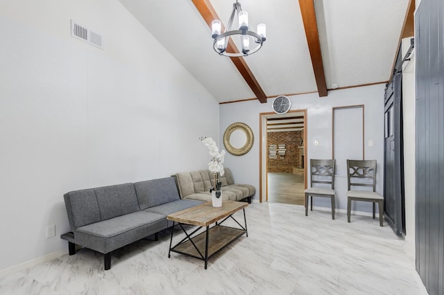 living room featuring vaulted ceiling with beams and an inviting chandelier