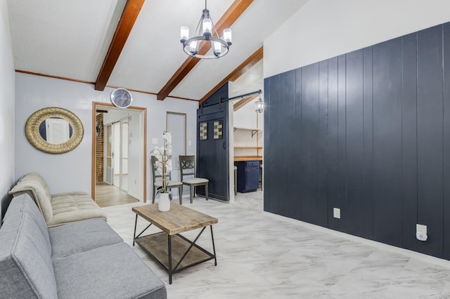 living room featuring a notable chandelier, lofted ceiling with beams, and a barn door