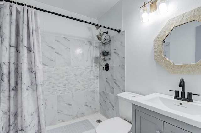 bathroom with vanity, a shower with curtain, and toilet