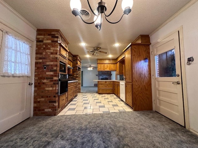 kitchen featuring black oven, dishwasher, crown molding, light carpet, and a textured ceiling