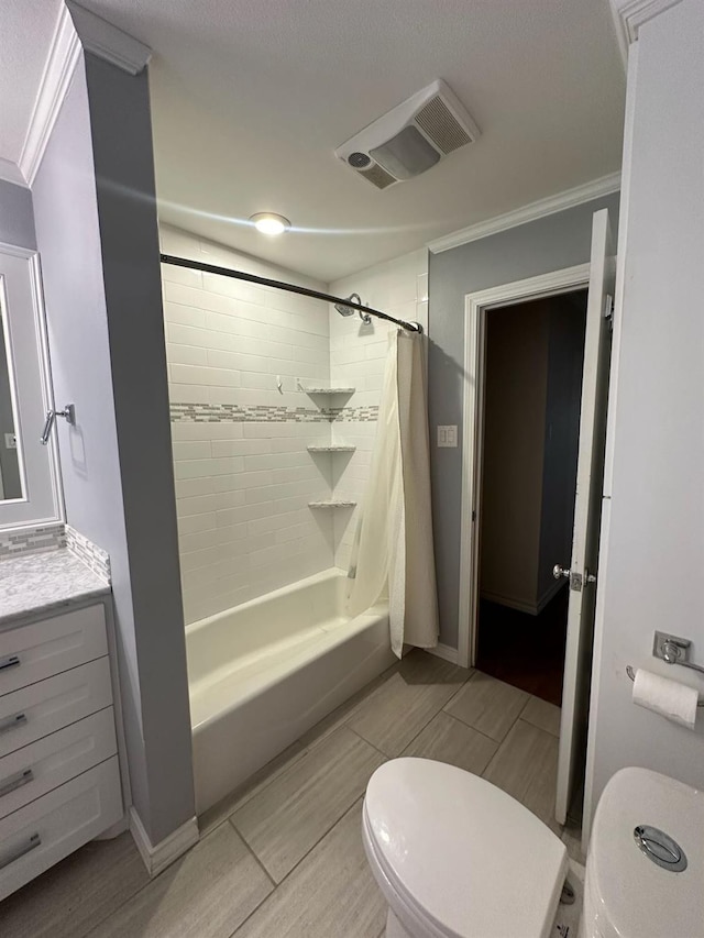 full bathroom with vanity, shower / tub combo with curtain, crown molding, and toilet