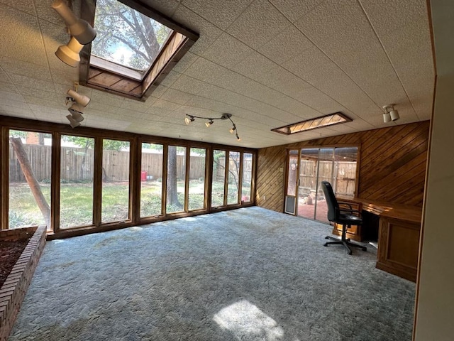 unfurnished office with carpet floors, a skylight, wooden walls, and rail lighting