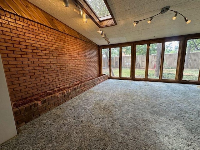 unfurnished sunroom featuring rail lighting and vaulted ceiling with skylight