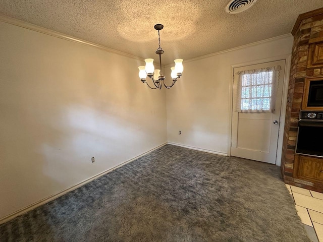 unfurnished dining area with dark carpet, a notable chandelier, and crown molding