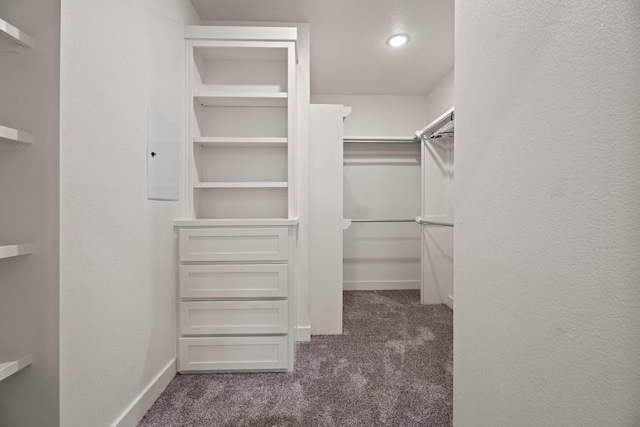 walk in closet featuring dark colored carpet