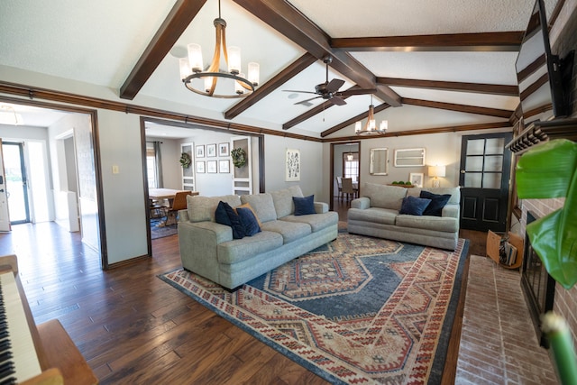 living area featuring dark wood-style flooring, baseboards, vaulted ceiling with beams, and ceiling fan with notable chandelier
