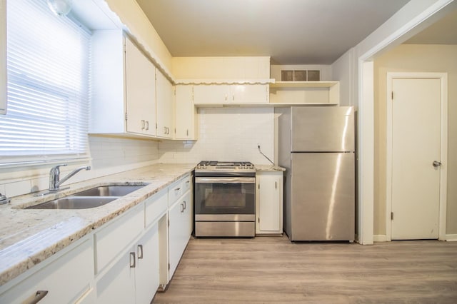 kitchen with sink, white cabinetry, backsplash, stainless steel appliances, and light wood-type flooring