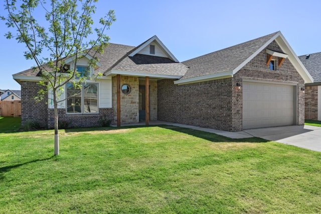 ranch-style home with a garage and a front lawn