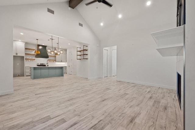 unfurnished living room with light wood-style flooring, high vaulted ceiling, visible vents, and ceiling fan