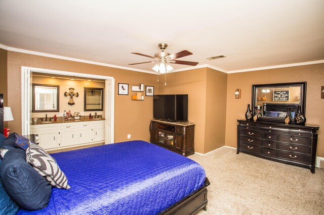7802 Zoar Ave, Lubbock, TX 79424 - bedroom featuring ornamental molding, bar with sink, carpet floors, connected bathroom, and ceiling fan
