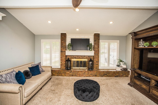 7802 Zoar Ave, Lubbock, TX 79424 - living area with carpet, a brick fireplace, recessed lighting, lofted ceiling, and baseboard heating