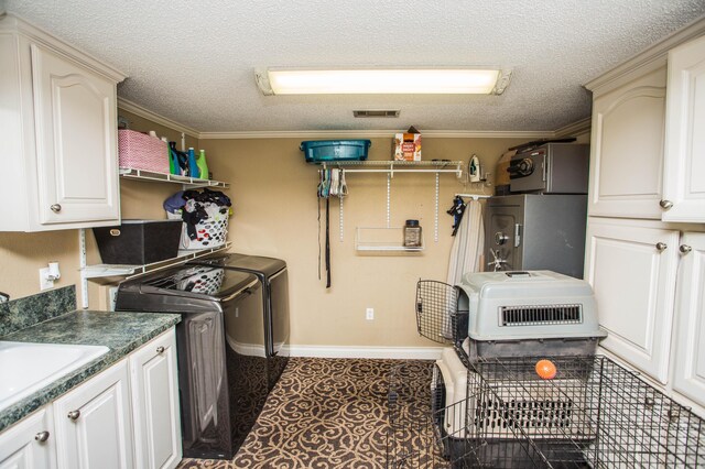 7802 Zoar Ave, Lubbock, TX 79424 - laundry room with separate washer and dryer, heating unit, a textured ceiling, ornamental molding, and cabinet space