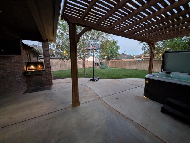 view of patio / terrace featuring an outdoor kitchen, a pergola, and a playground