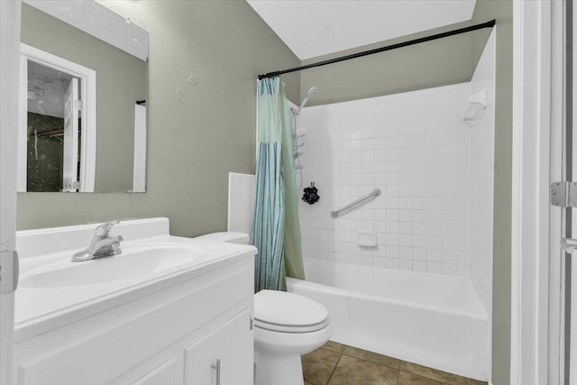 4802 54th St, Lubbock, TX 79414 - full bathroom with shower / tub combo with curtain, toilet, vanity, and tile patterned floors