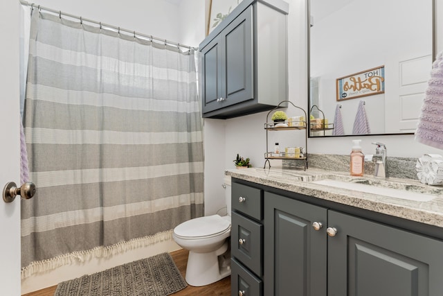 full bathroom with toilet, wood finished floors, and vanity