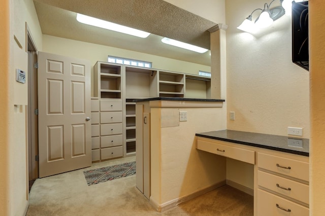 unfurnished office with built in desk, light colored carpet, and a textured ceiling