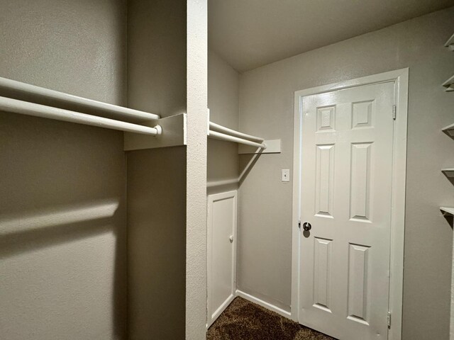 walk in closet featuring dark colored carpet