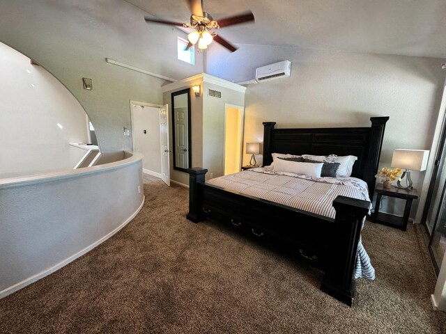 bedroom featuring dark carpet, high vaulted ceiling, a wall mounted AC, and ceiling fan