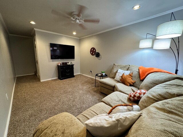 carpeted living room featuring crown molding and ceiling fan