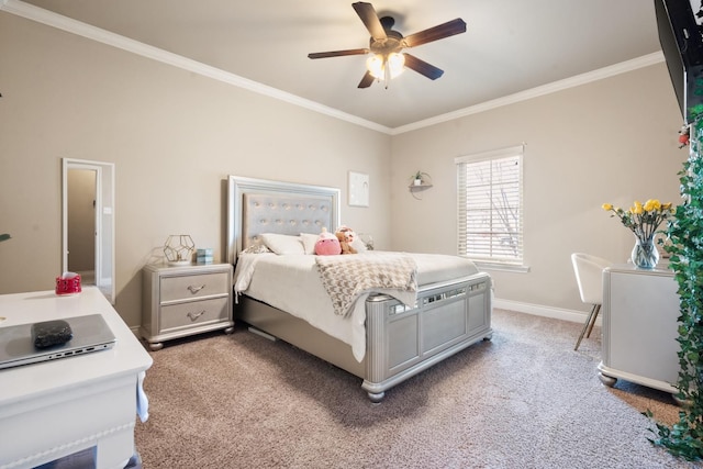 bedroom with ceiling fan, light colored carpet, baseboards, and ornamental molding