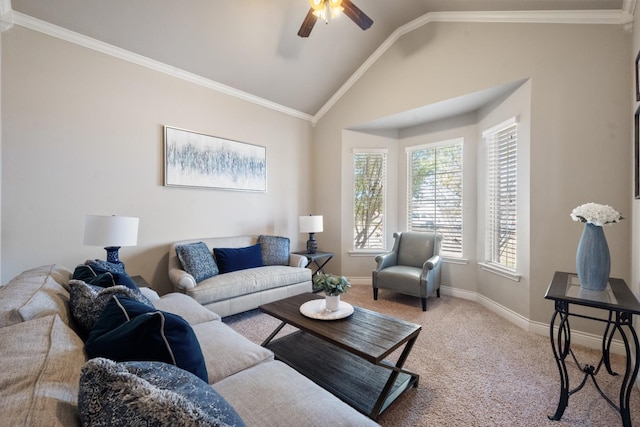 living room with a ceiling fan, baseboards, lofted ceiling, crown molding, and carpet flooring