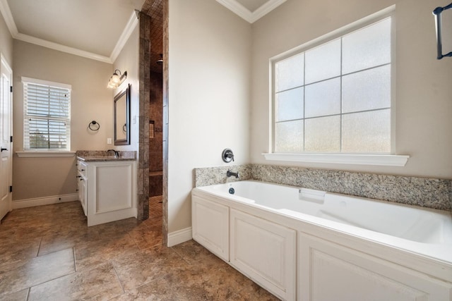 bathroom with vanity, a bath, baseboards, and ornamental molding