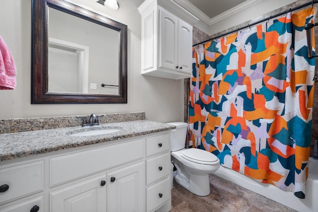 full bathroom with vanity, curtained shower, toilet, and ornamental molding