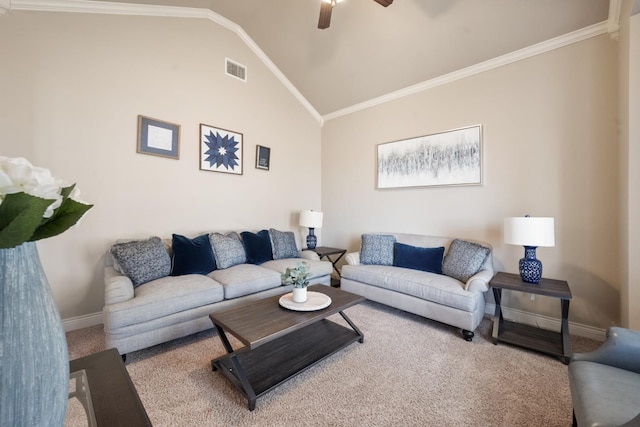 carpeted living room with visible vents, baseboards, lofted ceiling, ceiling fan, and crown molding