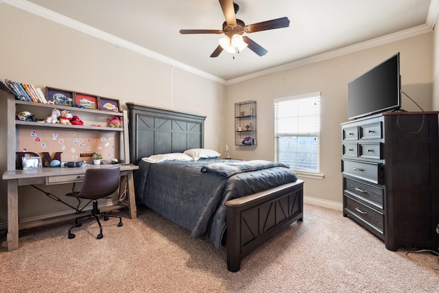 bedroom with a ceiling fan, crown molding, light colored carpet, and baseboards