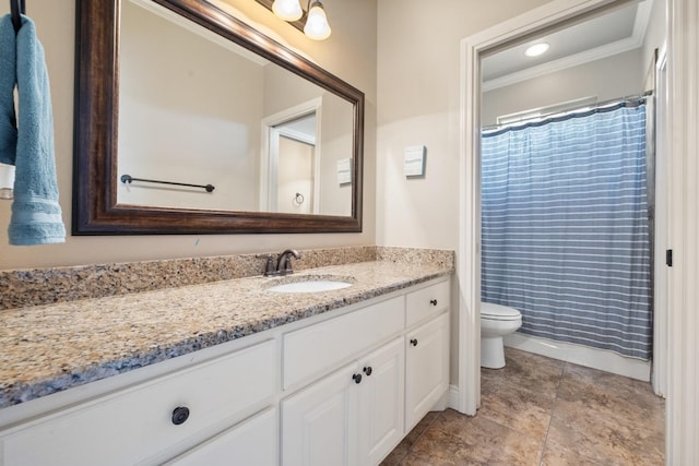 bathroom with curtained shower, toilet, vanity, and crown molding