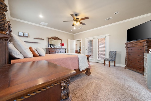 bedroom with access to exterior, light colored carpet, visible vents, and ornamental molding