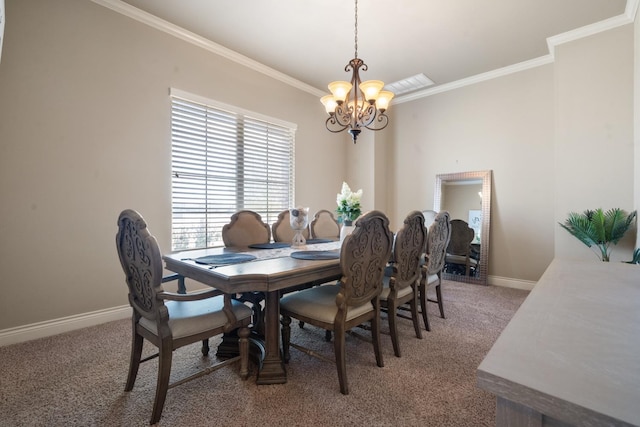 dining room featuring an inviting chandelier, ornamental molding, baseboards, and light carpet