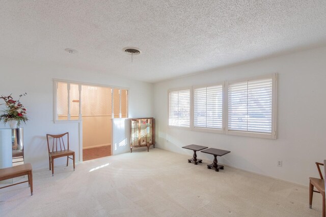 living area featuring carpet flooring and a textured ceiling