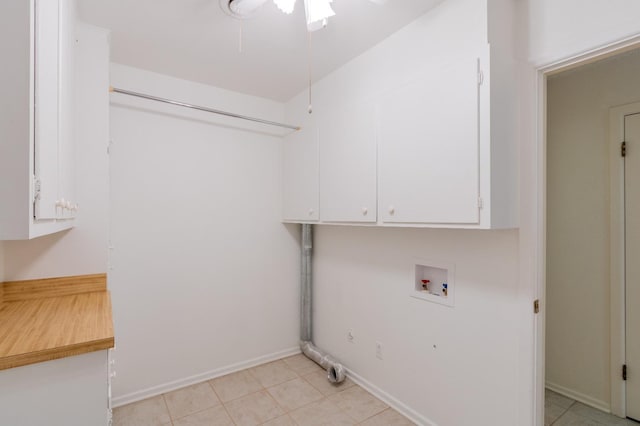 clothes washing area with hookup for a washing machine, cabinets, and ceiling fan