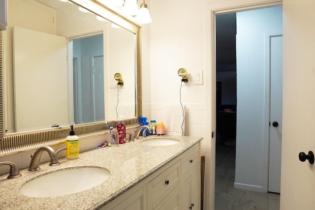 bathroom with vanity and wood-type flooring