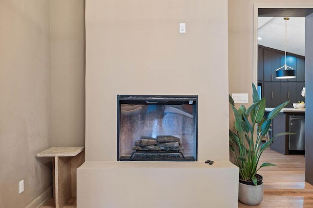 interior details with wood finished floors, baseboards, and a glass covered fireplace