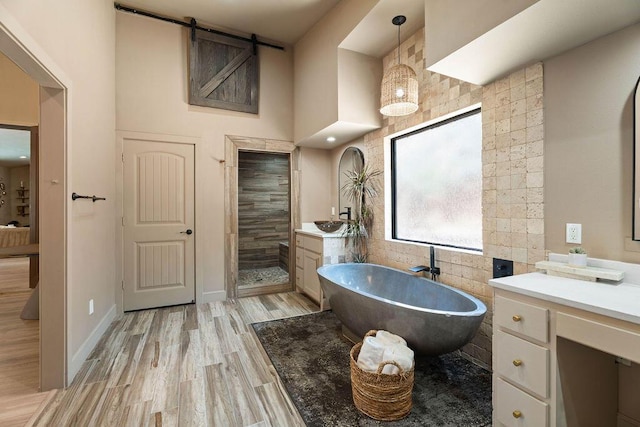 bathroom with a freestanding bath, a shower stall, vanity, and wood finished floors