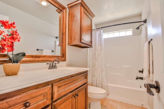 full bathroom featuring shower / bathtub combination with curtain, vanity, toilet, and tile patterned flooring