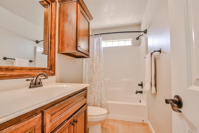 full bathroom featuring vanity, shower / tub combo, tile patterned floors, and toilet