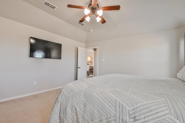 bedroom with vaulted ceiling, carpet, and ceiling fan