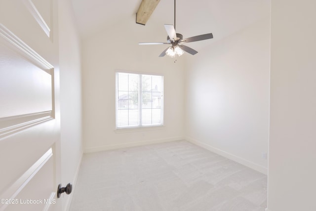 5005 Prentiss Ave, Lubbock, TX 79407 - unfurnished room featuring light colored carpet, beam ceiling, a ceiling fan, and high vaulted ceiling